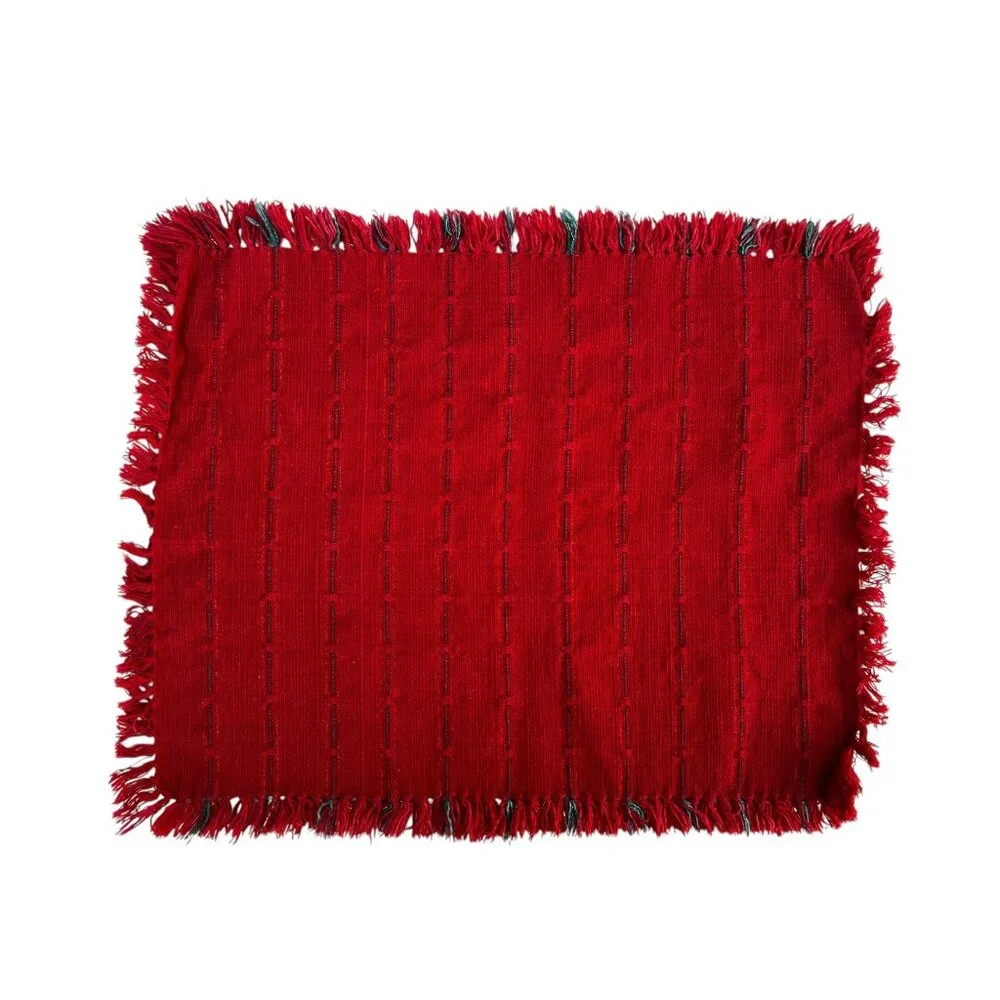 Set Of 4 Handmade Woven Red Placemats & Napkins Fringe Edges & Green Accent